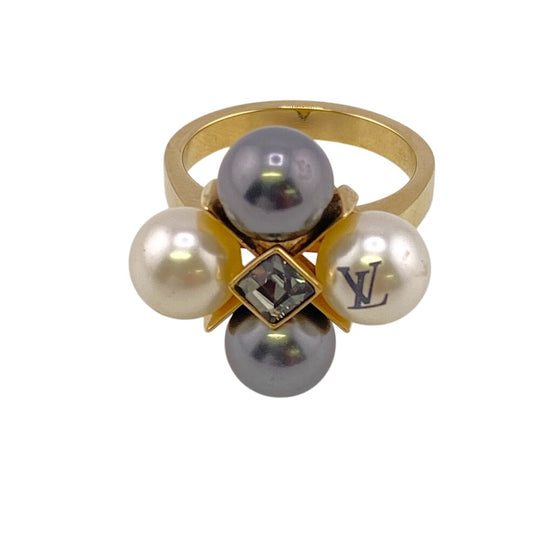 LOUIS VUITTON Ring M67017 Pearl gold LV logo Burg Climb River Women L Used Authentic