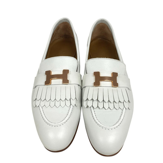 HERMES loafers leather white moccasin royale fringe Women 38 Used Authentic