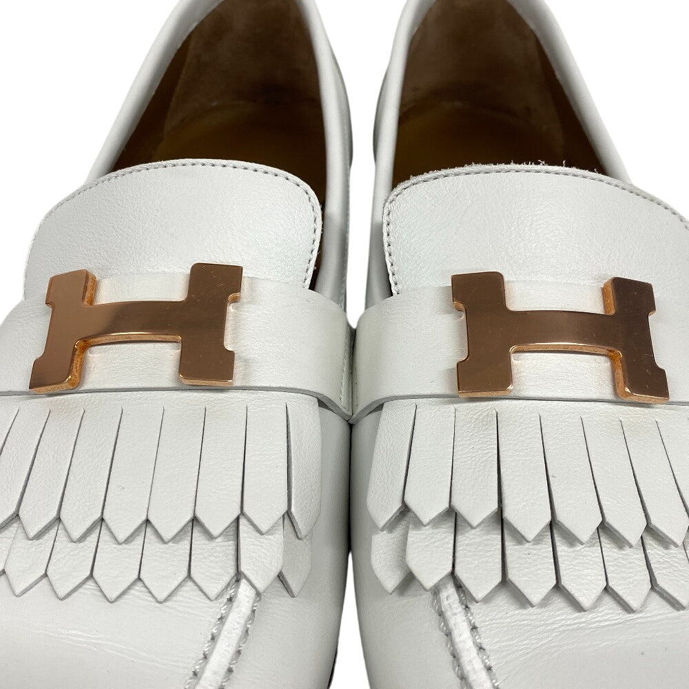 HERMES loafers leather white moccasin royale fringe Women 38 Used Authentic