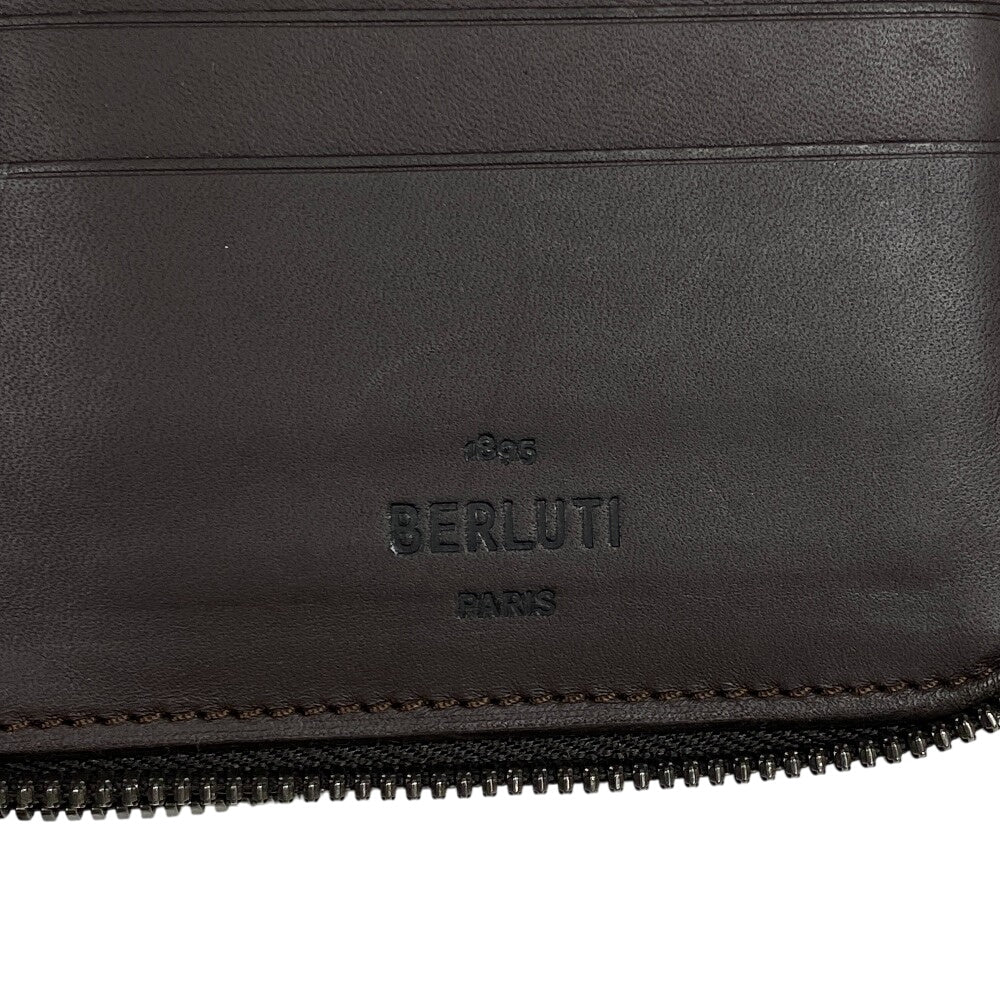 Berluti Long Wallet Purse leather Brown Zippy Organizer Calligraphy Tali Scrit leather long zip wallet mens Used Authentic
