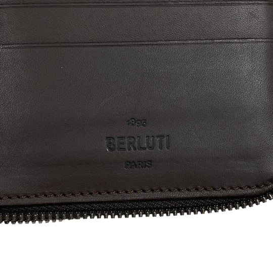 Berluti Long Wallet Purse leather Brown Zippy Organizer Calligraphy Tali Scrit leather long zip wallet mens Used Authentic
