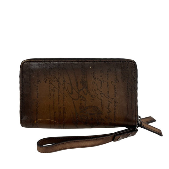 Berluti Long Wallet Purse leather Brown Zippy Organizer Calligraphy Tali Scrit leather long zip wallet mens Used Authentic