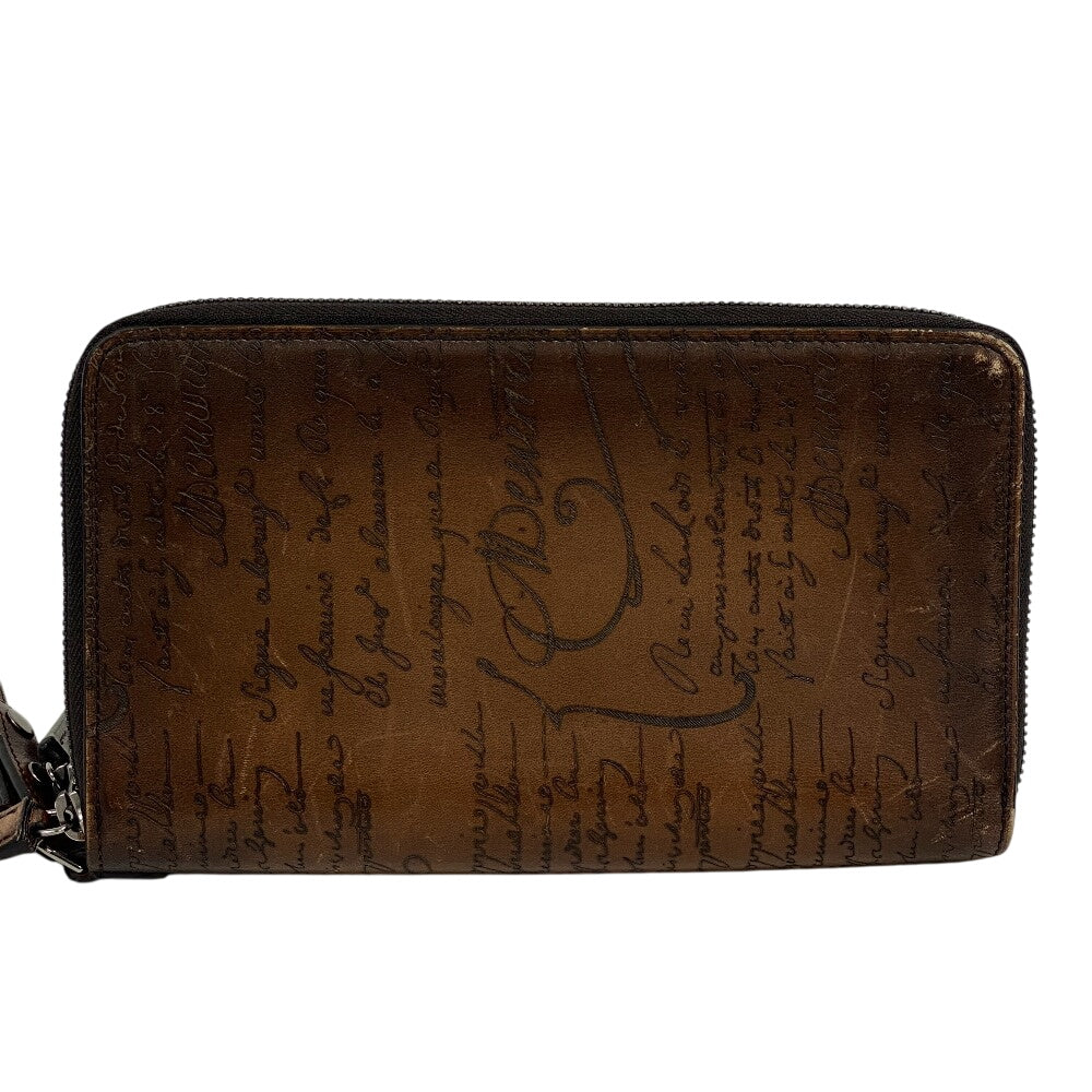 Berluti Long Wallet Purse leather Brown Zippy Organizer Calligraphy Tali Scrit leather long zip wallet mens Used Authentic