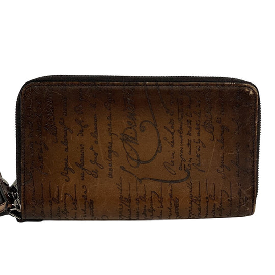 Berluti Long Wallet Purse leather Brown Zippy Organizer Calligraphy Tali Scrit leather long zip wallet mens Used Authentic