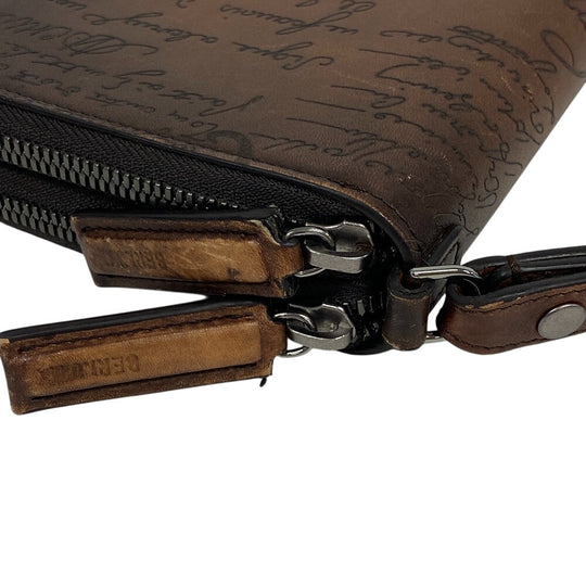 Berluti Long Wallet Purse leather Brown Zippy Organizer Calligraphy Tali Scrit leather long zip wallet mens Used Authentic