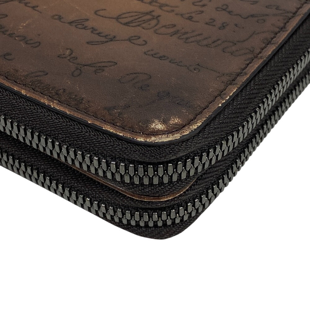 Berluti Long Wallet Purse leather Brown Zippy Organizer Calligraphy Tali Scrit leather long zip wallet mens Used Authentic