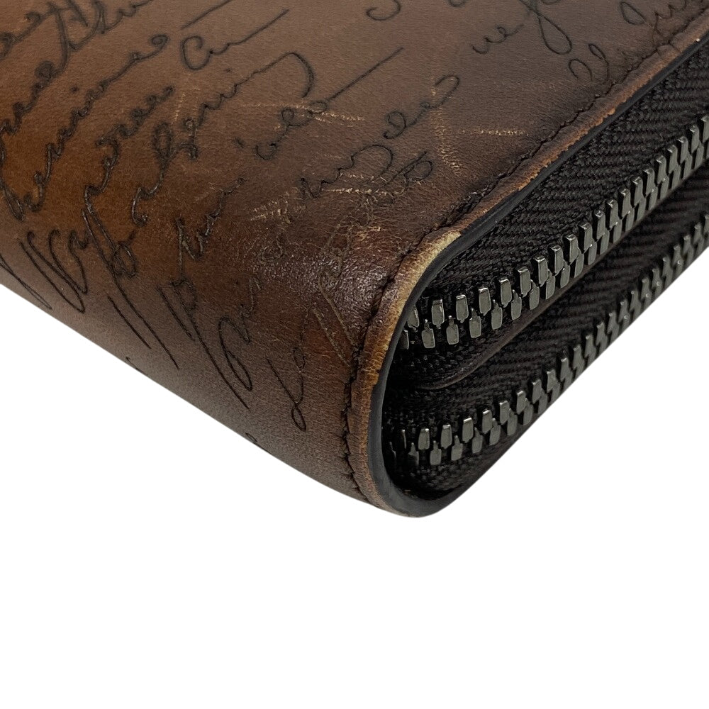 Berluti Long Wallet Purse leather Brown Zippy Organizer Calligraphy Tali Scrit leather long zip wallet mens Used Authentic