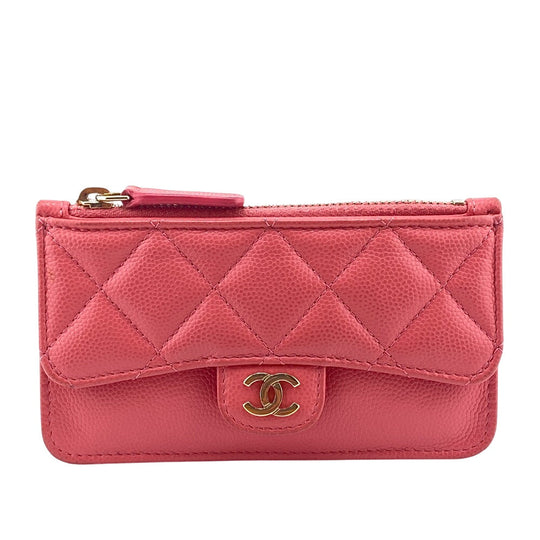 CHANEL Card Case Caviar skin pink Fragment case COCO Mark Matrasse Women Used Authentic