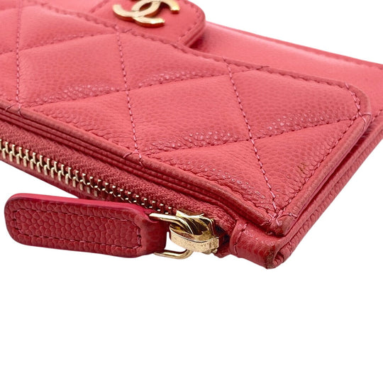 CHANEL Card Case Caviar skin pink Fragment case COCO Mark Matrasse Women Used Authentic