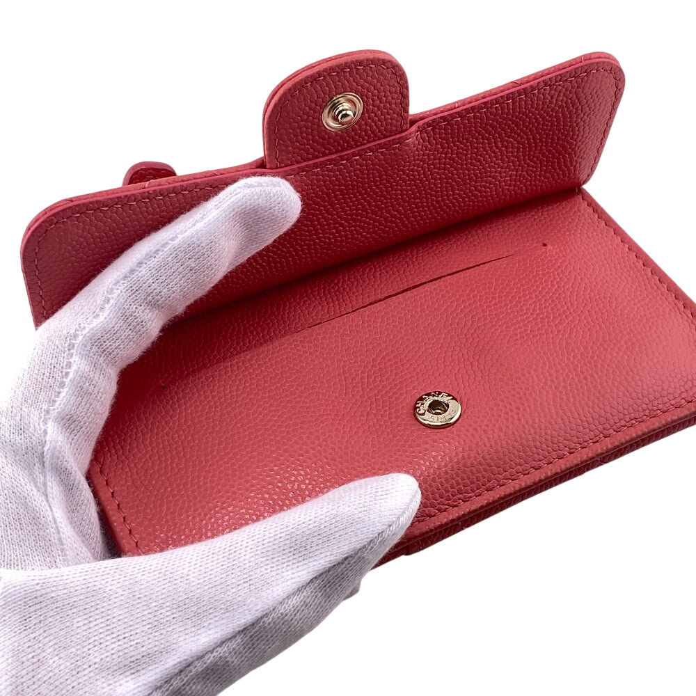 CHANEL Card Case Caviar skin pink Fragment case COCO Mark Matrasse Women Used Authentic