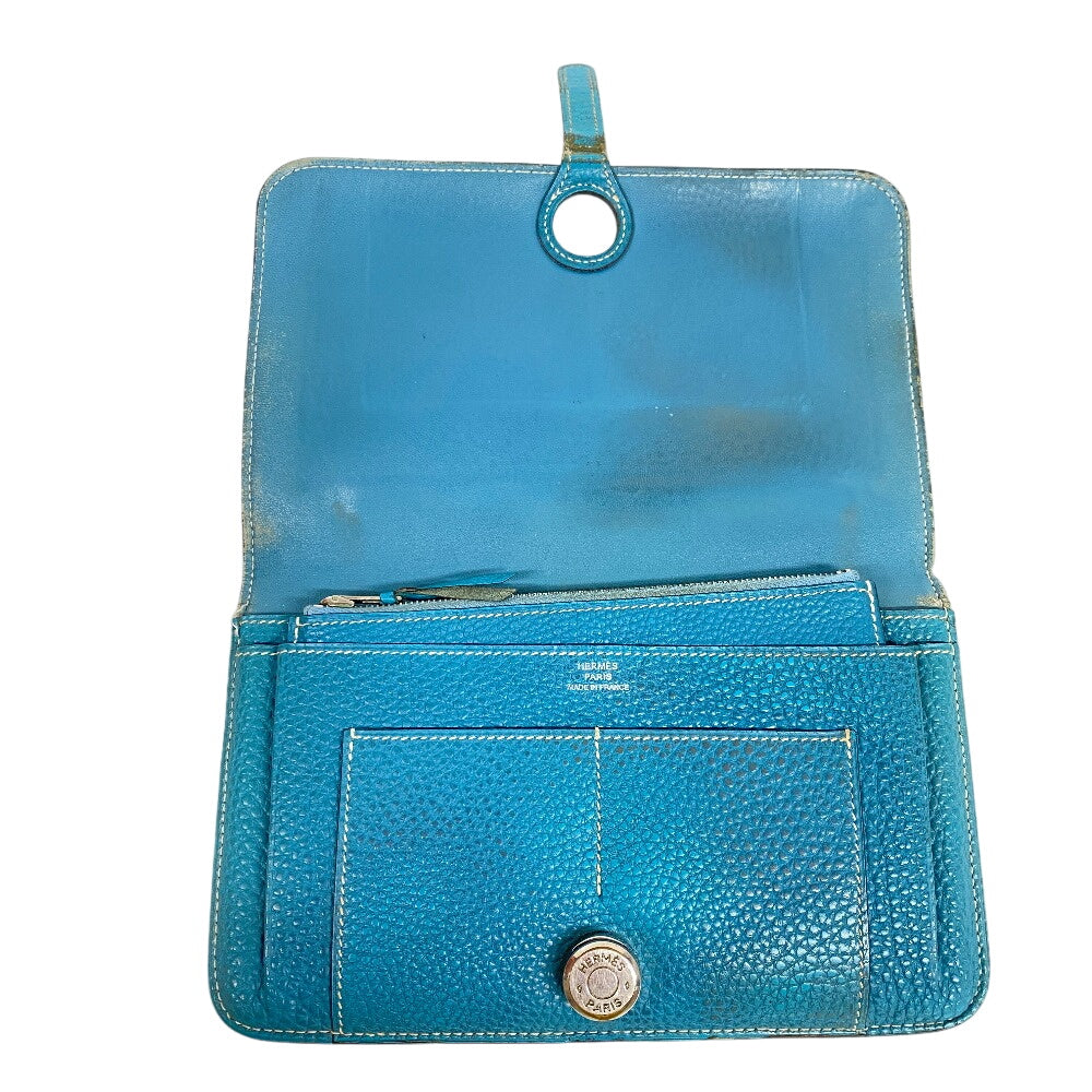 HERMES Long Wallet Purse leather Blue gene Dogon GM Women(Unisex) Used Authentic