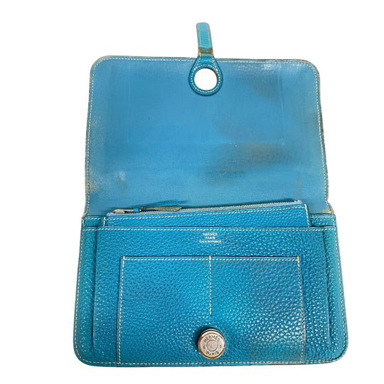 HERMES Long Wallet Purse leather Blue gene Dogon GM Women(Unisex) Used Authentic