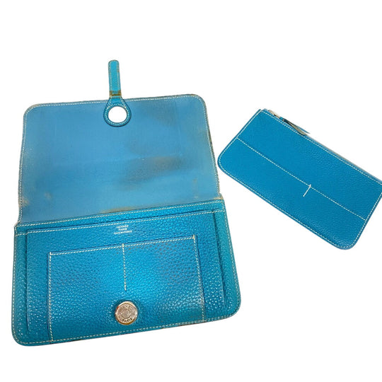 HERMES Long Wallet Purse leather Blue gene Dogon GM Women(Unisex) Used Authentic