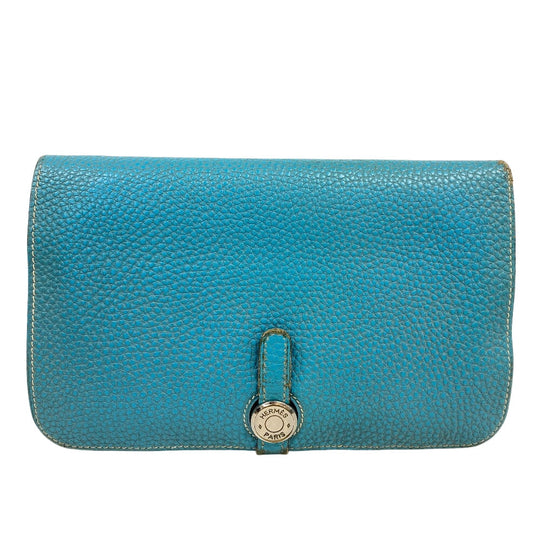 HERMES Long Wallet Purse leather Blue gene Dogon GM Women(Unisex) Used Authentic