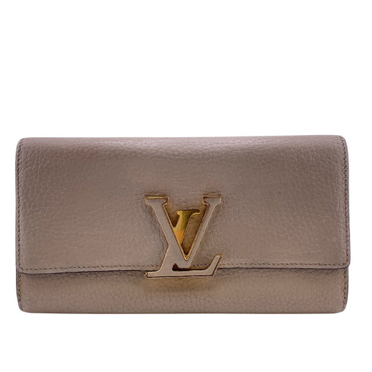 LOUIS VUITTON Long Wallet Purse M61249 leather beige Portefeuille Capucines Galle Women Used Authentic