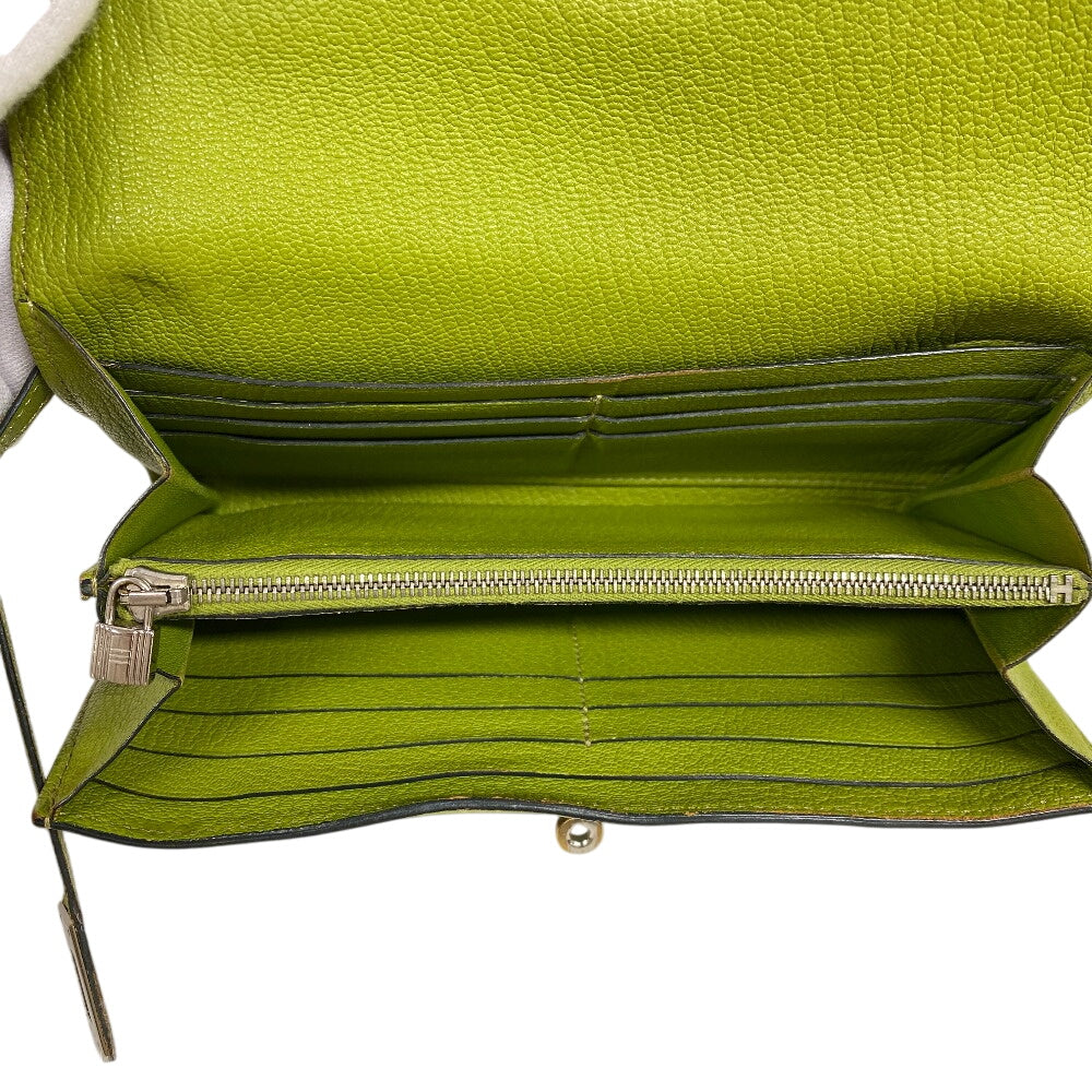 HERMES Long Wallet Purse leather Chevre Anise Green Turn lock Kelly wallet Women Used Authentic