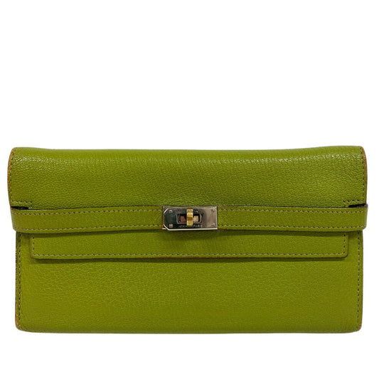 HERMES Long Wallet Purse leather Chevre Anise Green Turn lock Kelly wallet Women Used Authentic