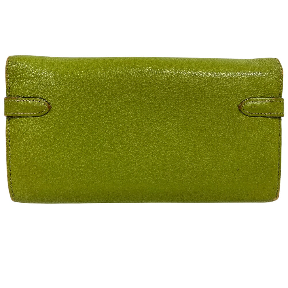 HERMES Long Wallet Purse leather Chevre Anise Green Turn lock Kelly wallet Women Used Authentic