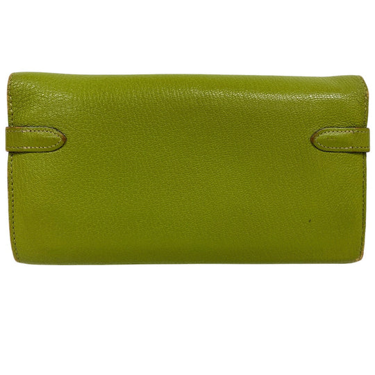 HERMES Long Wallet Purse leather Chevre Anise Green Turn lock Kelly wallet Women Used Authentic