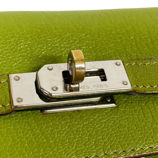 HERMES Long Wallet Purse leather Chevre Anise Green Turn lock Kelly wallet Women Used Authentic