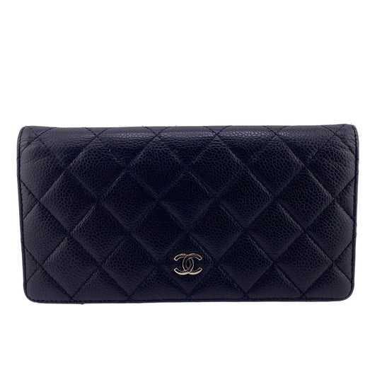 CHANEL Long Wallet Purse Caviar skin black Matrasse COCO Mark Women Used Authentic