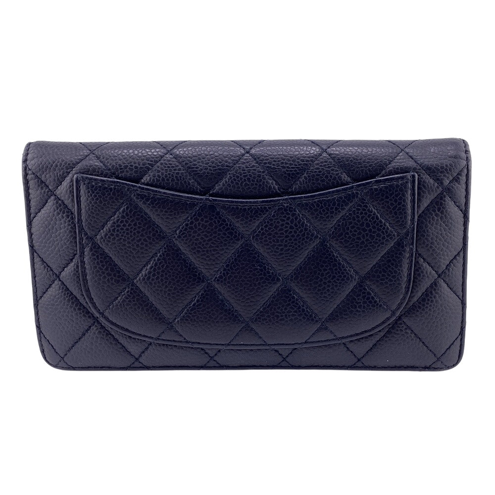 CHANEL Long Wallet Purse Caviar skin black Matrasse COCO Mark Women Used Authentic