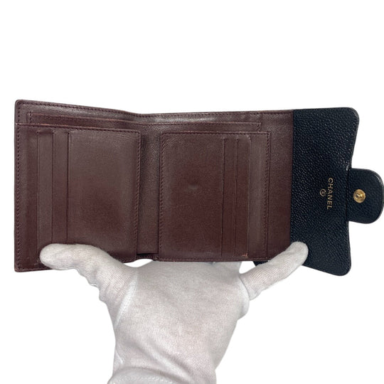 CHANEL Tri-fold wallet Caviar skin black Matrasse Women Used Authentic