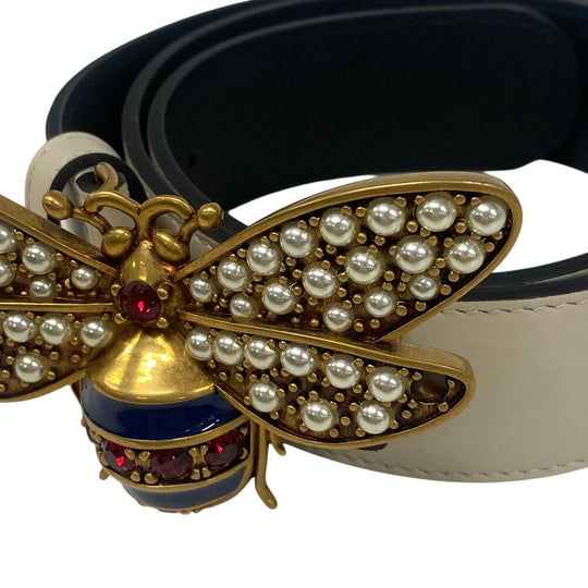 GUCCI belt 499637 leather white Bee Butterfly