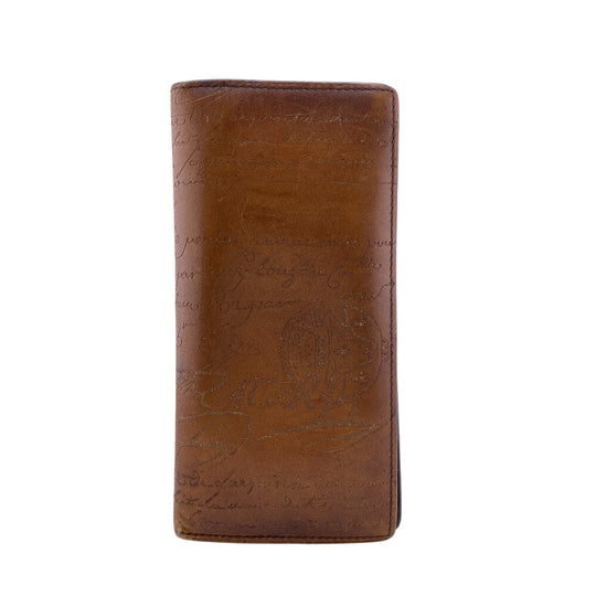Berluti Long Wallet Purse leather Brown Calligraphy Stamps mens Used Authentic