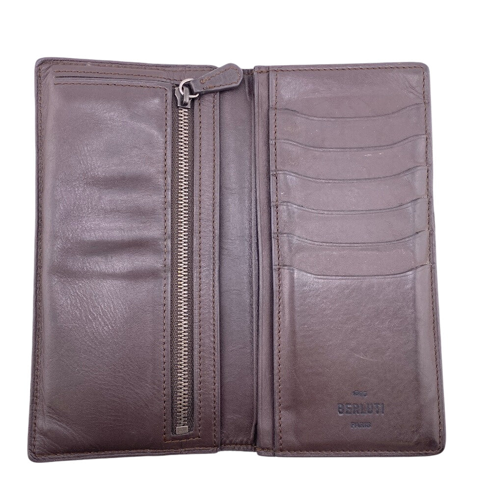 Berluti Long Wallet Purse leather Brown Calligraphy Stamps mens Used Authentic