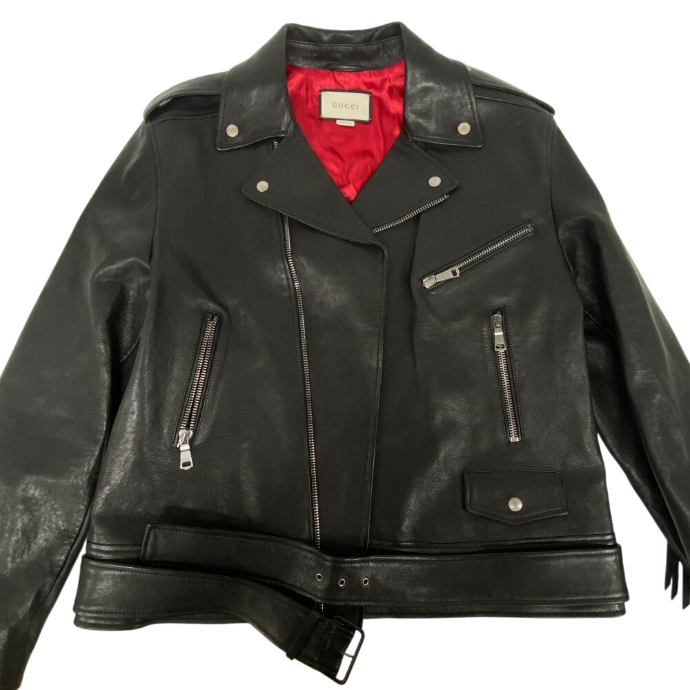 GUCCI Riders jacket 442668 Lambskin, Leather black TIGER EMBROIDERED BIKER JACKET mens 54 Used Authentic