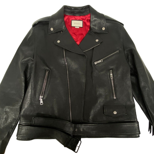 GUCCI Riders jacket 442668 Lambskin, Leather black TIGER EMBROIDERED BIKER JACKET mens 54 Used Authentic