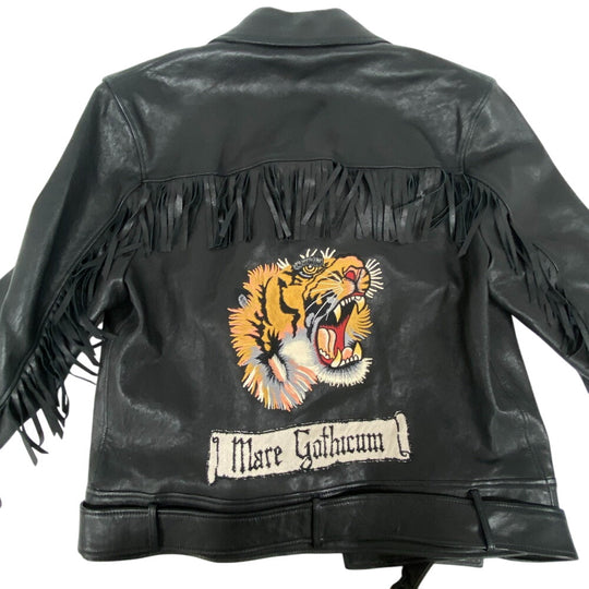 GUCCI Riders jacket 442668 Lambskin, Leather black TIGER EMBROIDERED BIKER JACKET mens 54 Used Authentic