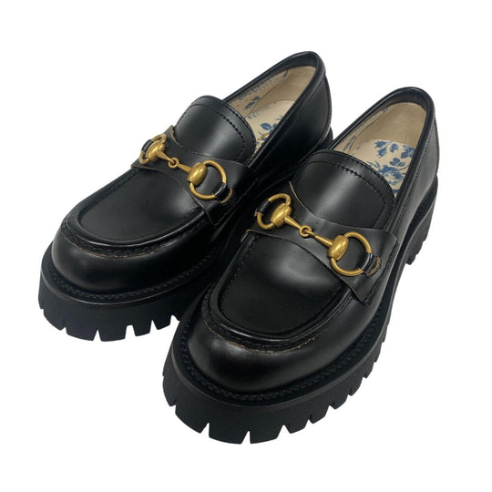 GUCCI loafers 577236 DS800 leather black Horsebit Women 34.5 Used Authentic