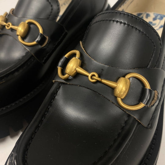 GUCCI loafers 577236 DS800 leather black Horsebit Women 34.5 Used Authentic