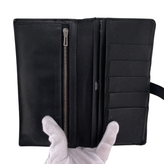 HERMES Long Wallet Purse leather black Beansufla mens Used Authentic