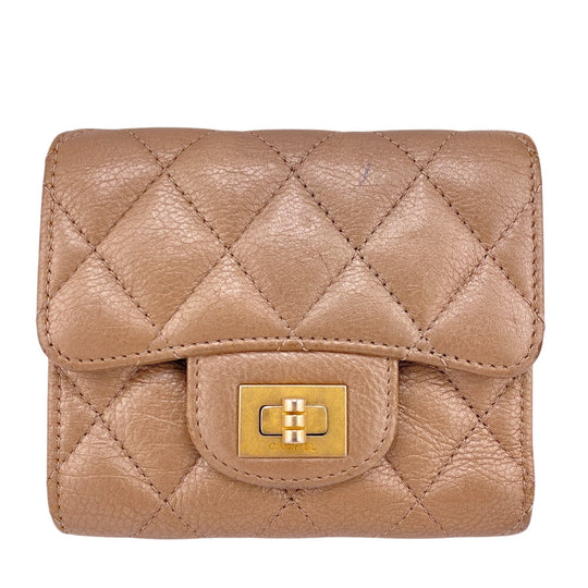 CHANEL Tri-fold wallet leather beige Matrasse Women Used Authentic
