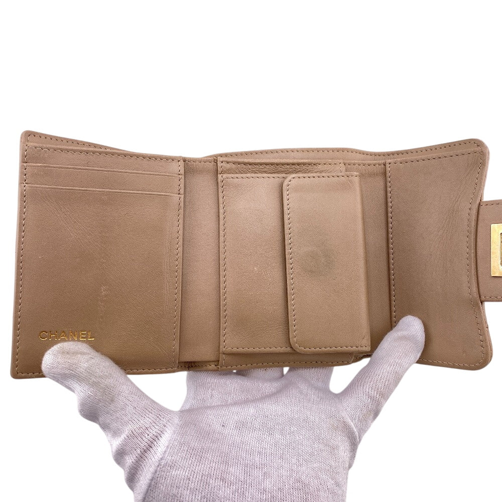 CHANEL Tri-fold wallet leather beige Matrasse Women Used Authentic