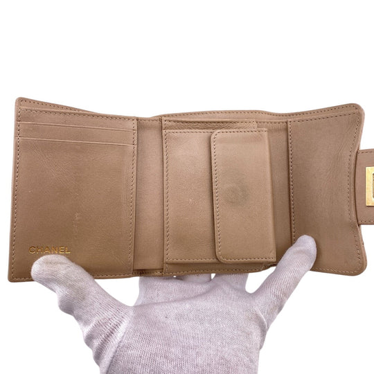 CHANEL Tri-fold wallet leather beige Matrasse Women Used Authentic