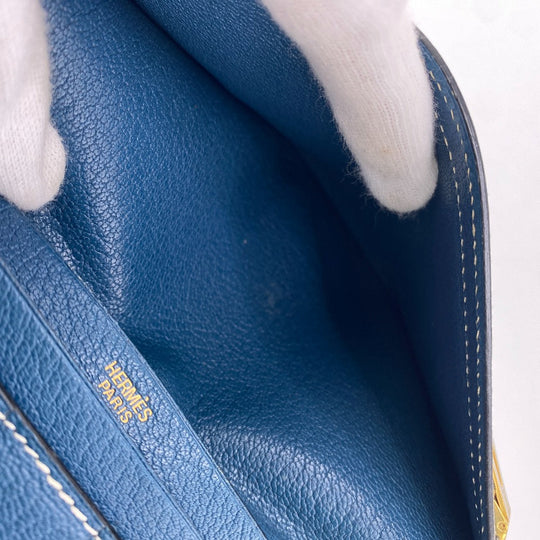 HERMES Long Wallet Purse leather blue Trifold Bearn Dupri(Unisex) Used Authentic