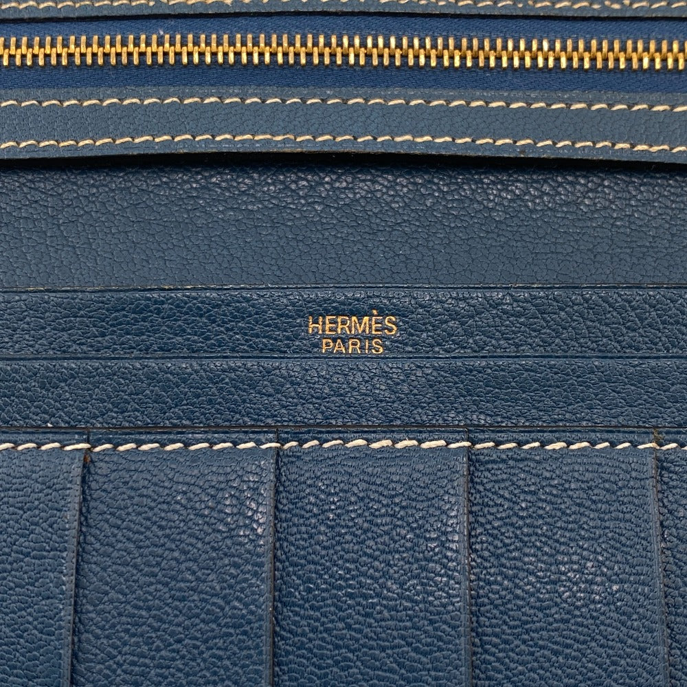 HERMES Long Wallet Purse leather blue Trifold Bearn Dupri(Unisex) Used Authentic