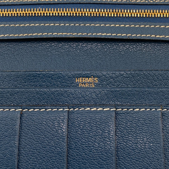 HERMES Long Wallet Purse leather blue Trifold Bearn Dupri(Unisex) Used Authentic
