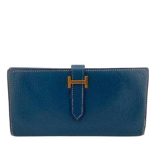 HERMES Long Wallet Purse leather blue Trifold Bearn Dupri(Unisex) Used Authentic