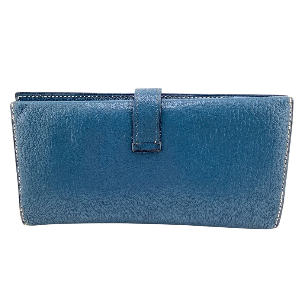 HERMES Long Wallet Purse leather blue Trifold Bearn Dupri(Unisex) Used Authentic