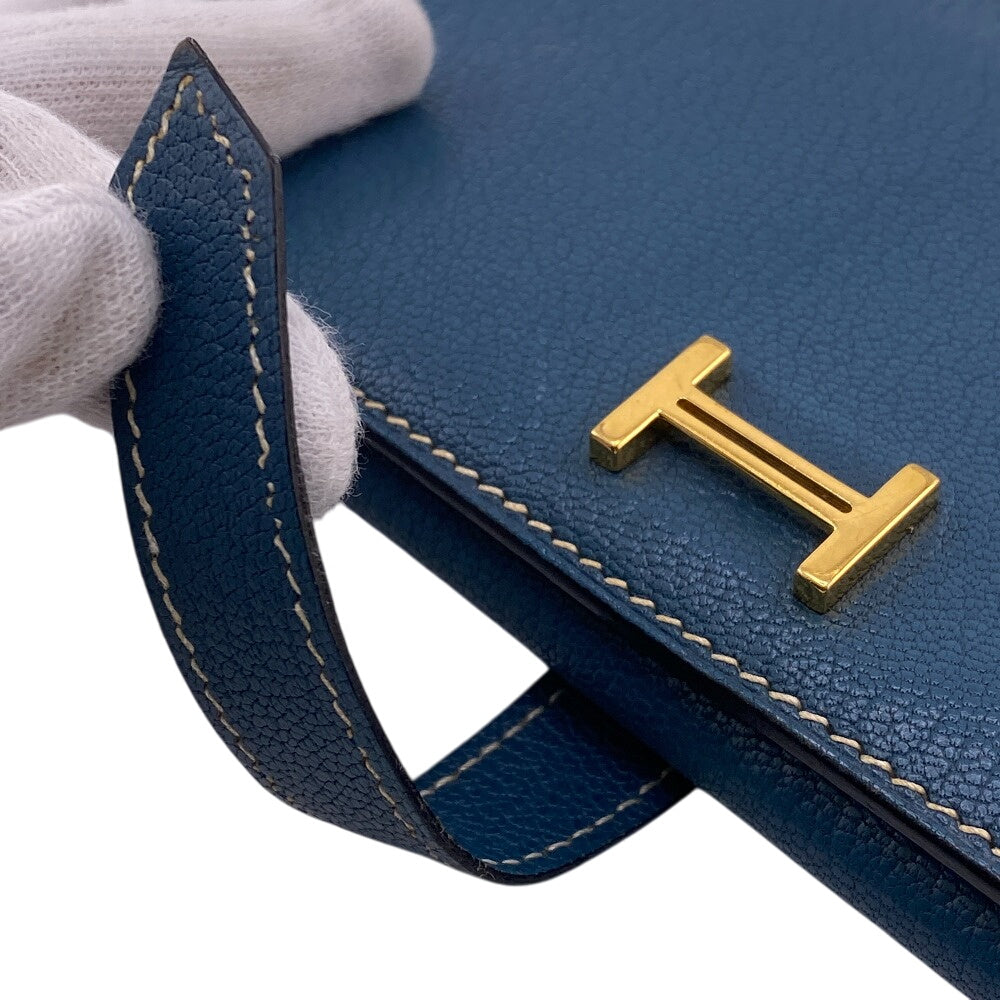 HERMES Long Wallet Purse leather blue Trifold Bearn Dupri(Unisex) Used Authentic