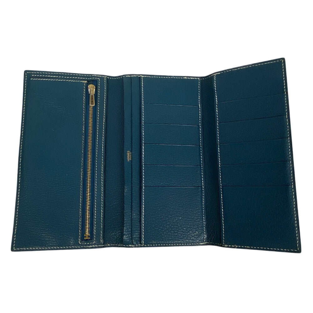 HERMES Long Wallet Purse leather blue Trifold Bearn Dupri(Unisex) Used Authentic