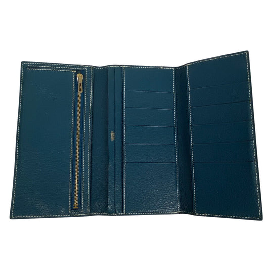 HERMES Long Wallet Purse leather blue Trifold Bearn Dupri(Unisex) Used Authentic