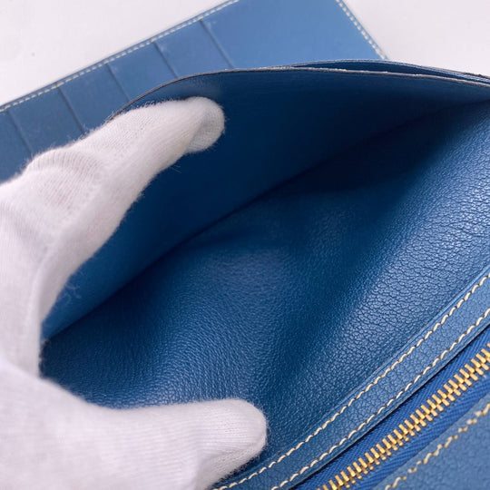 HERMES Long Wallet Purse leather blue Trifold Bearn Dupri(Unisex) Used Authentic