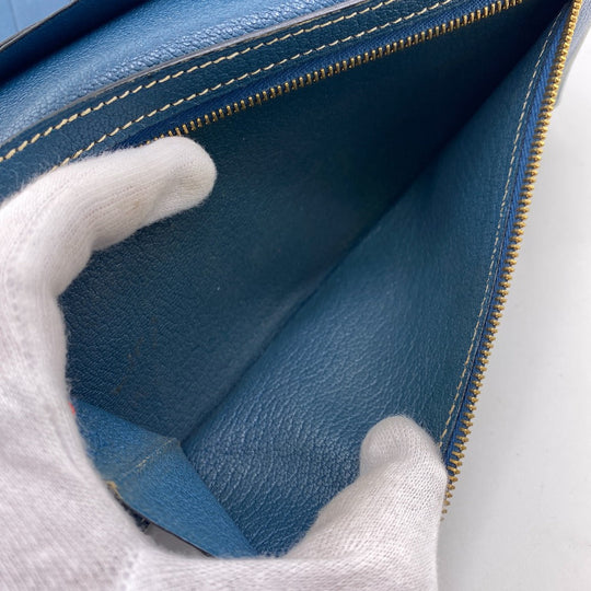 HERMES Long Wallet Purse leather blue Trifold Bearn Dupri(Unisex) Used Authentic