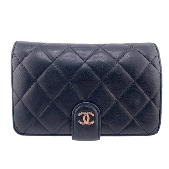 CHANEL Bifold Wallet lambskin black Matrasse COCO Mark Women Used Authentic